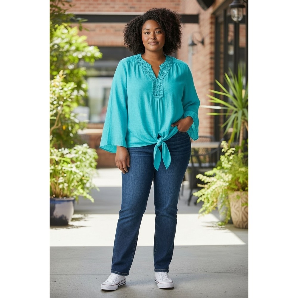 IN Studio Womens Turquoise Crochet V-Neck Tie Front Bell Sleeve Blouse Large